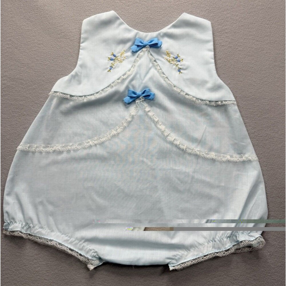 Cherubs Vintage Baby Girl Bubble Romper Blue Lace Embroidered 12M